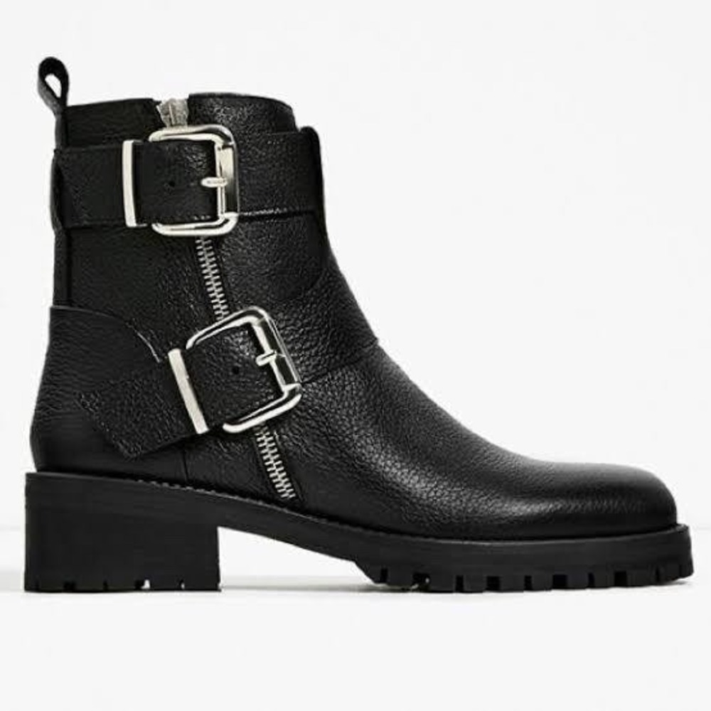 Zara Women 37 Black Faux Leather Combat Biker Boots Double Buckles W/Zipper 2363